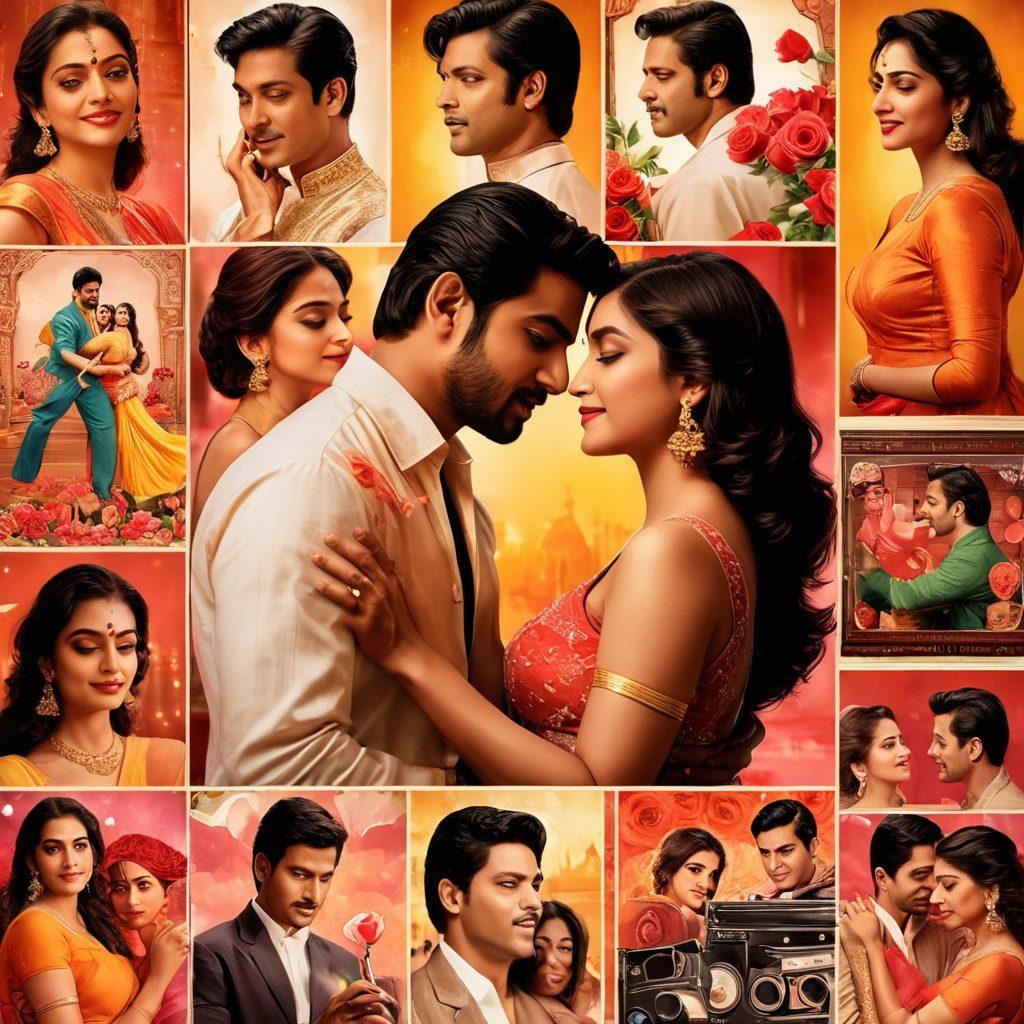 A vibrant and emotional collage showcasing iconic Bollywood couples in romantic scenes, surrounded by elements like film reels, roses, and hearts. Capture the essence of love with expressive faces and dynamic poses that evoke passion and tenderness. Incorporate warm hues and shimmering lights to reflect the cinematic magic of romance. Include Bollywood film posters in the background. super-realistic. vibrant colors. cinematic.