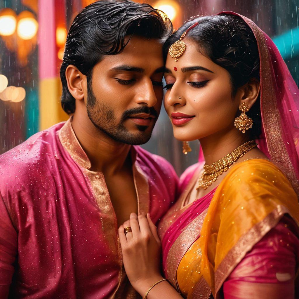 A vibrant collage showcasing iconic scenes from Hindi romantic films, featuring a couple sharing an intense gaze under a rain-soaked streetlight. Surrounding them, elements of classical Bollywood - colorful saris, traditional music instruments, and a grand film reel. Infuse a dreamy aura with soft glittering lights and romantic motifs like hearts and flowers. Include a cinematic color palette of reds, pinks, and golds. super-realistic. vibrant colors.