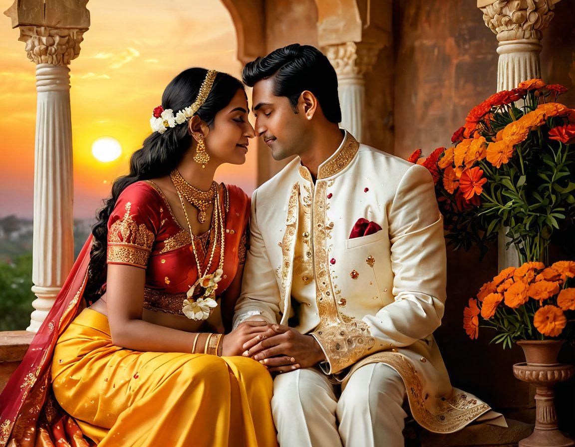A romantic scene showcasing an Indian couple deeply engrossed in each other amidst a vibrant setting of traditional Indian elements like marigold flowers, intricate bridal attire, and a sunset backdrop reflecting love and passion. Soft light illuminating their affectionate expressions, symbolizing devotion and connection. Emphasize warmth and intimacy in the atmosphere. painting. vibrant colors. 3D.